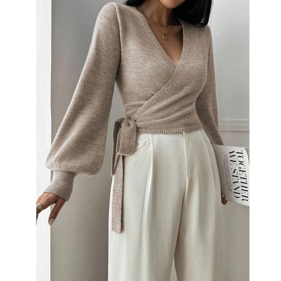 Khaki Wrap Knit Cardigan Long Sleeve Side Tie - Picture 4 of 8